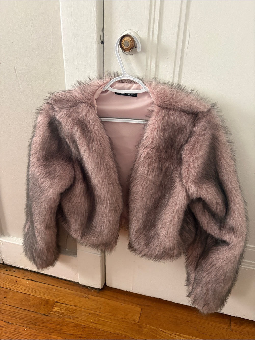 SHEIN Dusty Rose Faux Fur Cropped Jacket